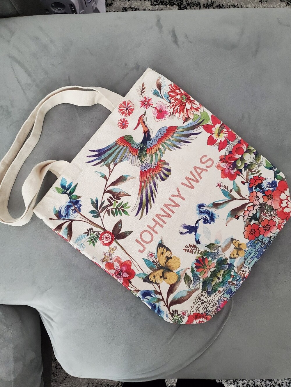Johnny Was Boho Canvas Tote Bag Floral Bird Butterfly Cream